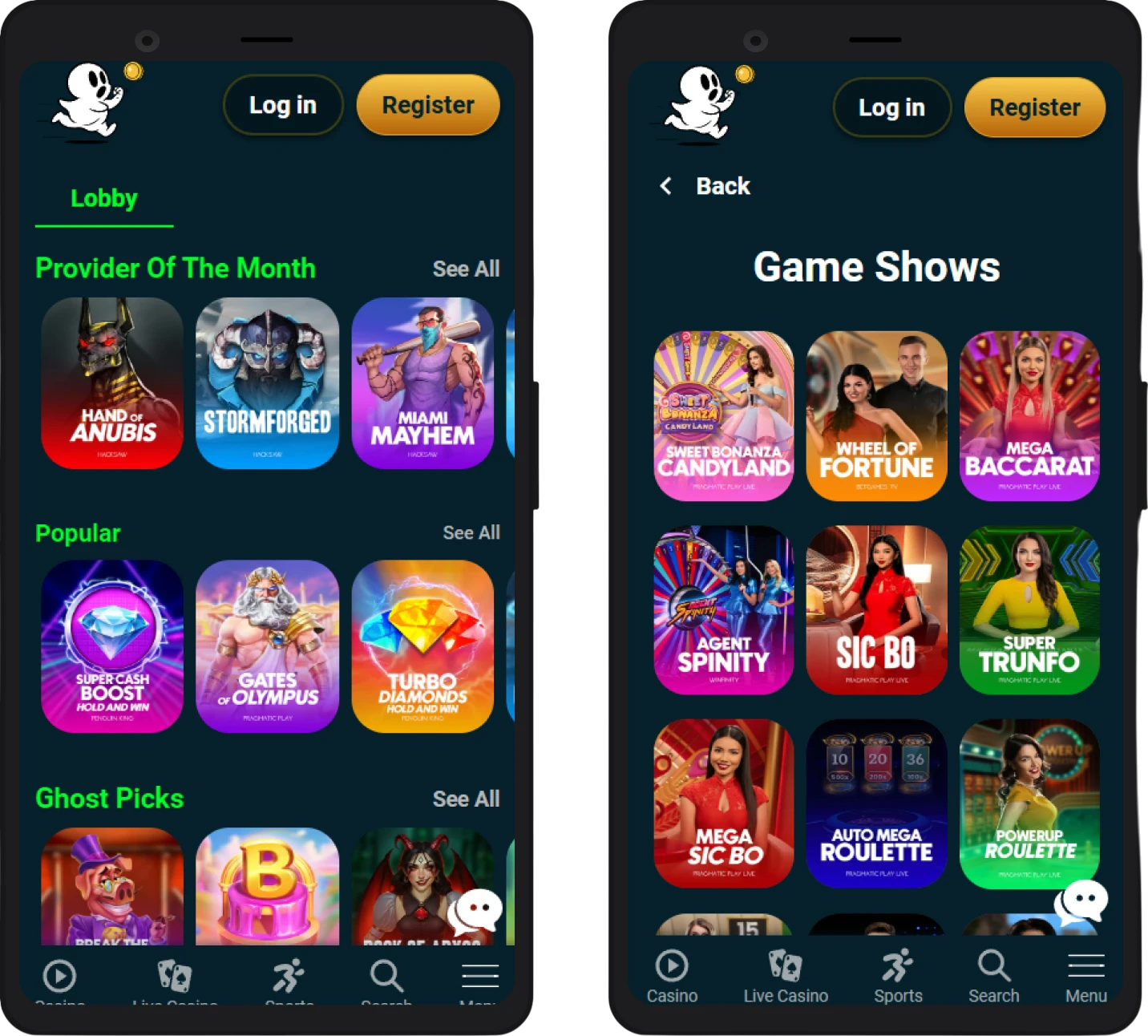 Ghostino Casino mobiele versie voor smartphone en tablet