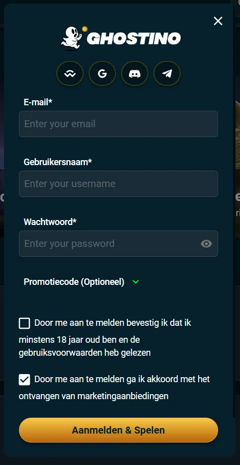 Registratieproces bij Ghostino Casino